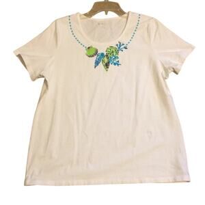 Kim Rogers Petite XL Seashell White Cotton Blend Top Scoop Neck Short Sleeves